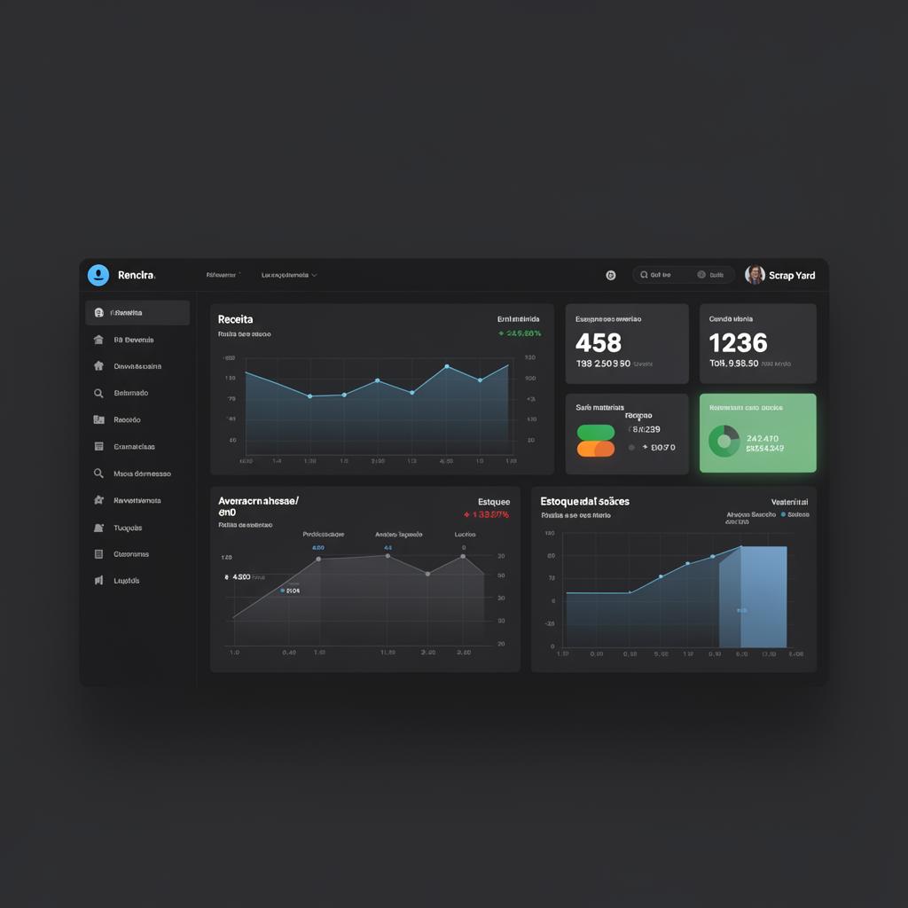 Dashboard do XLata mostrando relatórios financeiros do ferro velho